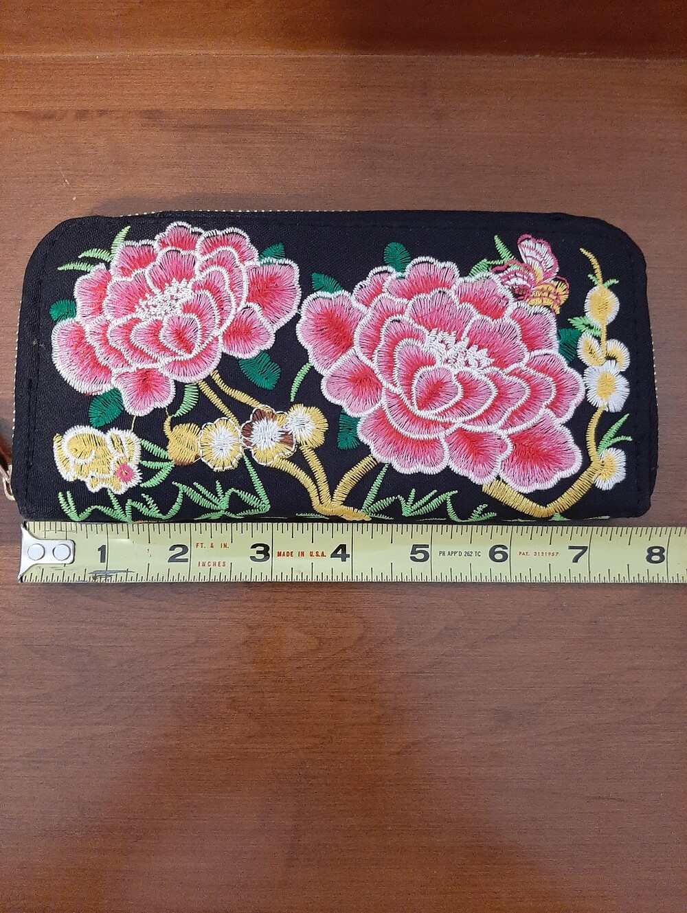 Unique Coquette Embroidered Floral Zip Wallet - Black with Pink Flowers - Picture 10 of 15